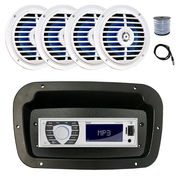 Pyle PLRMR23BTW Single DIN Bluetooth Marine MP3 Stereo Receiver, Spa bezel, Adapter Plate, 22" Radio Antenna, Wire, 4x 5.25'' 100 Watt Peak Full Range Dual Cone Waterproof Stereo Speakers (White)
