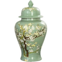 Ceramic Ginger Jar Vases with Lid, Flower Pattern Porcelain Jar Temple Jar Vase Handicraft with Lid Decorative for Home Cafe Desktop Bedroom Decor Ornament Green-M