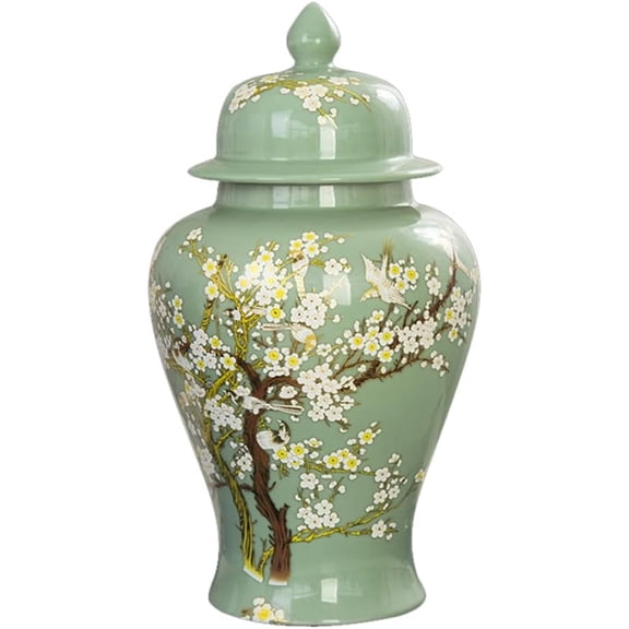 Ceramic Ginger Jar Vases with Lid, Flower Pattern Porcelain Jar Temple Jar Vase Handicraft with Lid Decorative for Home Cafe Desktop Bedroom Decor Ornament Green-M