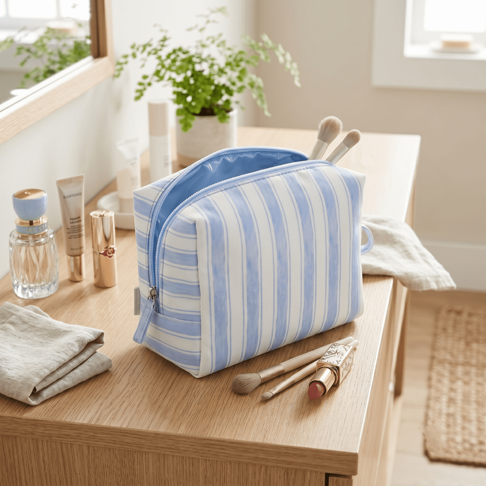 packlab Travel Makeup & Toiletry Cosmetic Bag, Blue Stripe Organizer Pouch