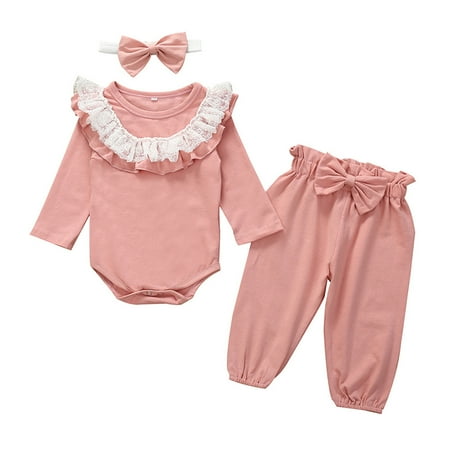 

EHTMSAK Newborn Infant Baby Toddler Girl Outfits Long Sleeve Ruffle Lace Bodysuit and Pants Set Clothing Set with Headband Pink 0-2Y 90