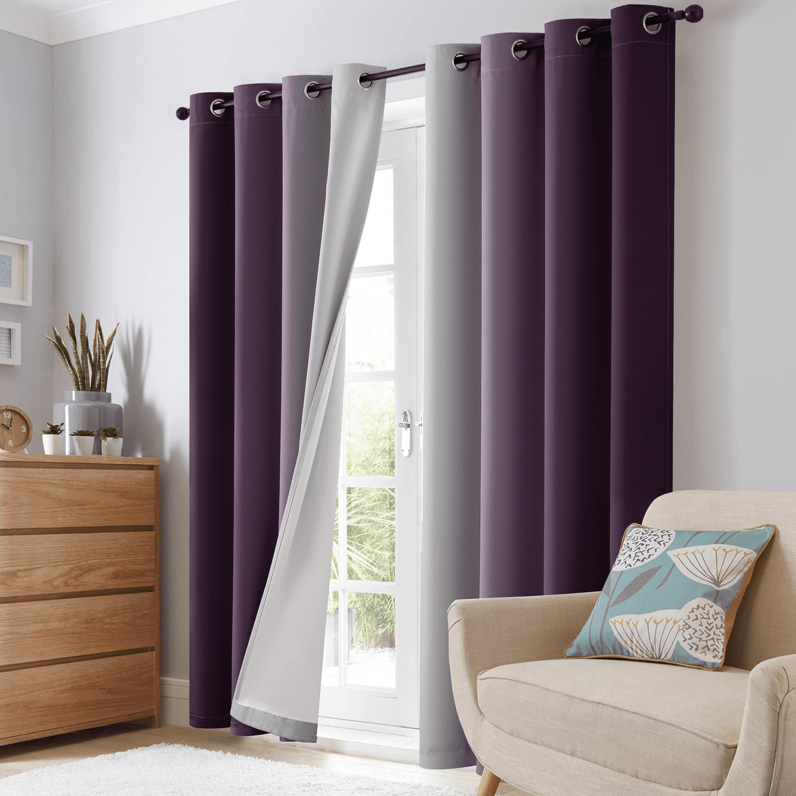 Yakamok 100% Blackout Curtains 84 Inch Length 2 Layers,Purple Curtains for Bedroom Ombre Room Darkening Grommet Gradient Drapes, Light Blocking Thermal Insulated Window Curtains for Living Room