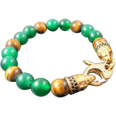 Men's Genuine Tiger's Eye/Green Agate Gold-Plated Stainless Steel Bead Bracelet with Black CZ Lobster Clasp, 8.75
