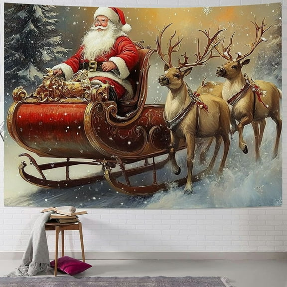 Pratyus Santa Claus Reindeers Sleigh Tapestry Wall Hanging, Christmas Decoration for Bedroom and Dorm, Festive Holiday Wall Art, Multiple Sizes Available 40x30inch