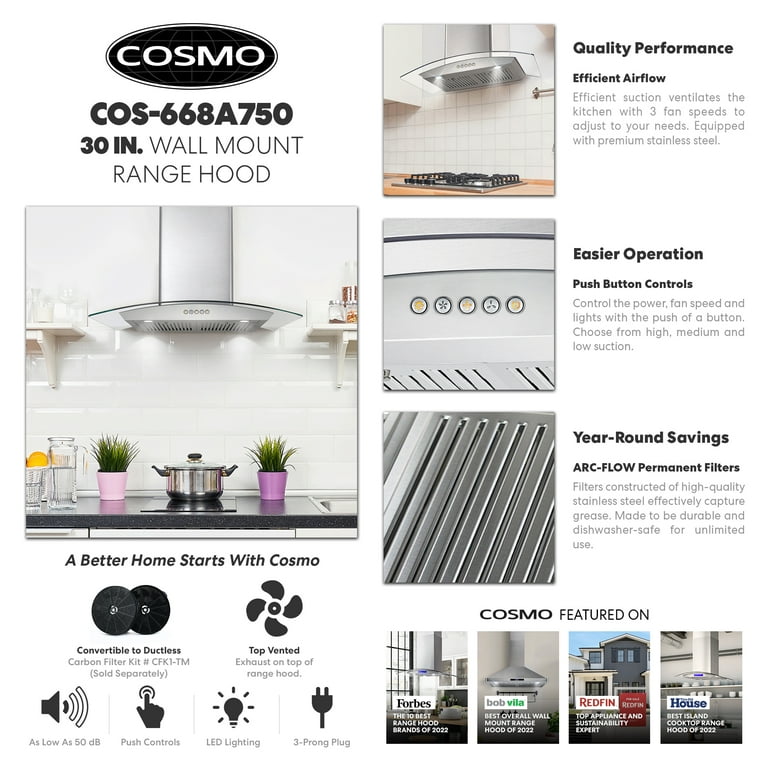 COSMO COS-668AS750 30 in. Wall Mount Range Hood with 380 CFM, Curved Glass,  Ducted Convertible Ductless (additional filters needed, not included), 3