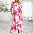 thumbnail image 2 of Penkiiy Women's Summer Tie-dyed Print Casual Short Sleeve Crewneck Basic Swing T Shirt Dress Flowy Beach Vacation Sundress 2XL Hot Pink, 2 of 7
