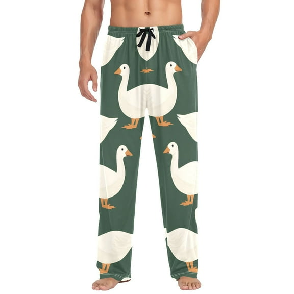 Cotton Mens PJ Pajama Pants Bottoms Waistband Sleepwear with Pockets White Duck on Green