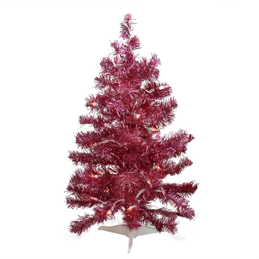 2' Prelit Pink Passion Iridescent Pine Artificial Tinsel Christmas Tree Clear Lights