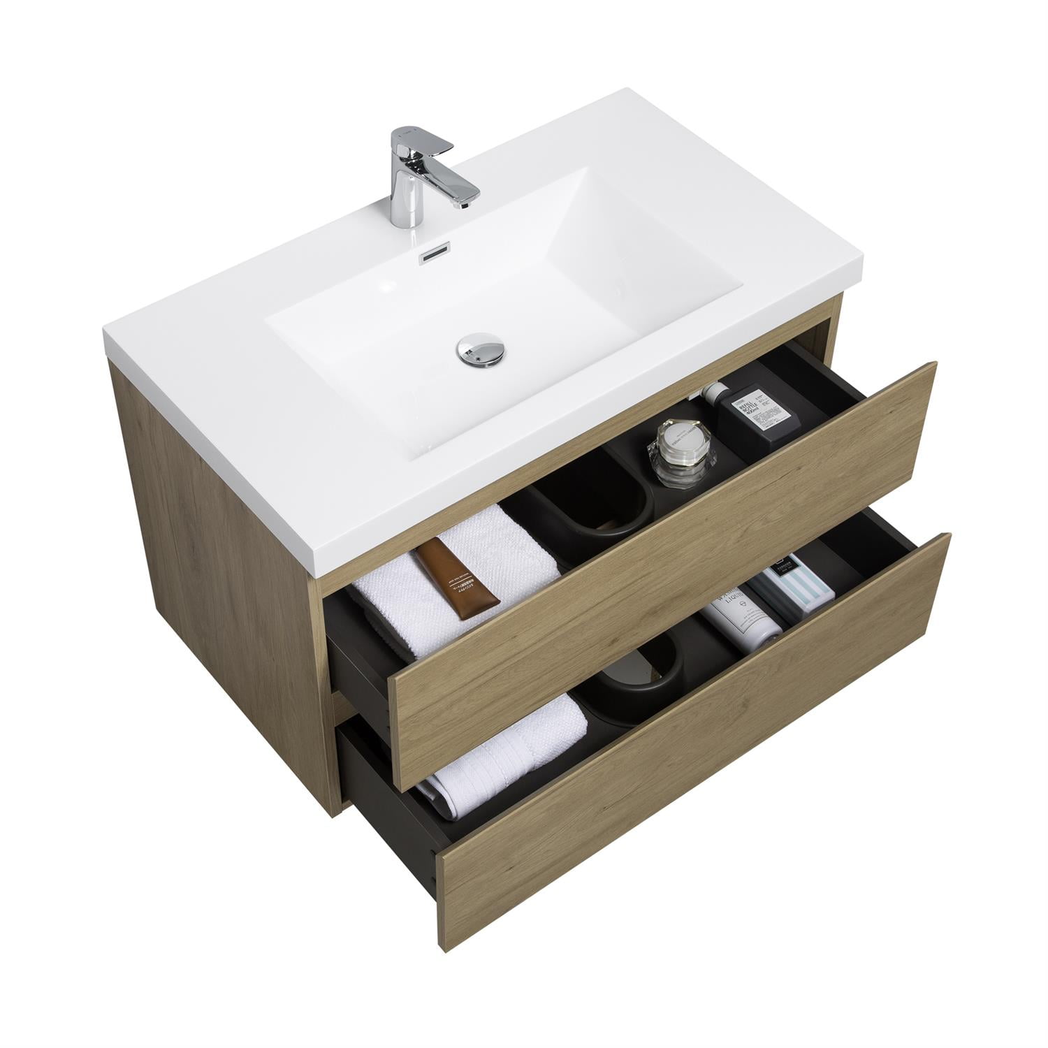 Demi Bonn 36" Floating Bathroom Vanity with Sink, Resin Top Basin and 2 Soft Close Drawers, Faucets and Drains Not Included, Brown