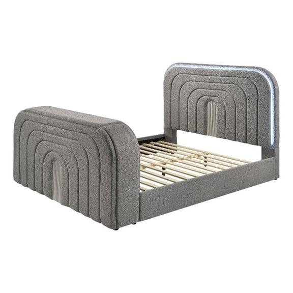 Acme Shelyn Queen Bed w/Led, TV Stand, Fireplace & Bluetooth Gray Teddy Sherpa & Chrome