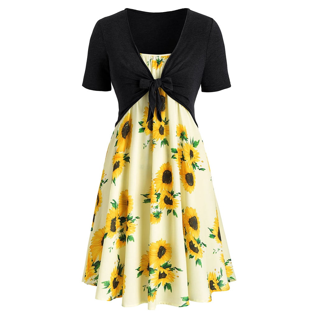Casual Mini Dress for Women,St.DonaWomens Short Sleeve Bow Knot Bandage Top Sunflower Print Mini Dress Suits T-Shirt 
