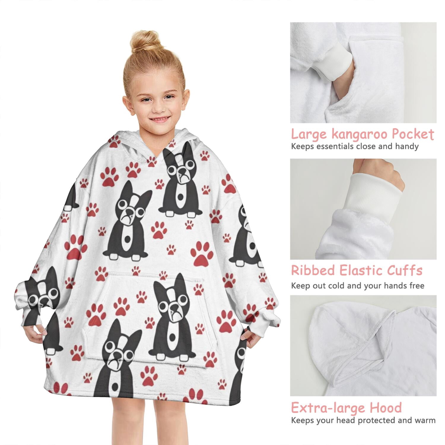Boston Terrier Puppy Dog Blanket Hoodies for Kids 6-13YR Oversize Wearable Blanket Hoodies for Boys Girls Teens