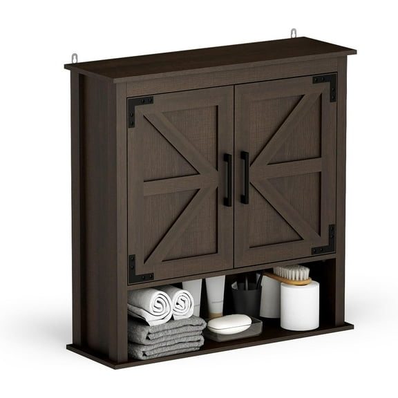 MY Bathroom Wall Cabinet, Farmhouse Barn Door Wood Medicine Cabinet with Adjustable Shelves, Wall-Mounted Over-The-Toilet Storage, Dark Brown