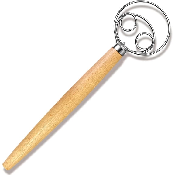 Danish Dough Whisk,13 Inch Double Eyes Stainless Steel Danish Dough Whisk,Egg Beater with Wooden Handle,Bread Dough Mixer Accessories Tool for Kitchen