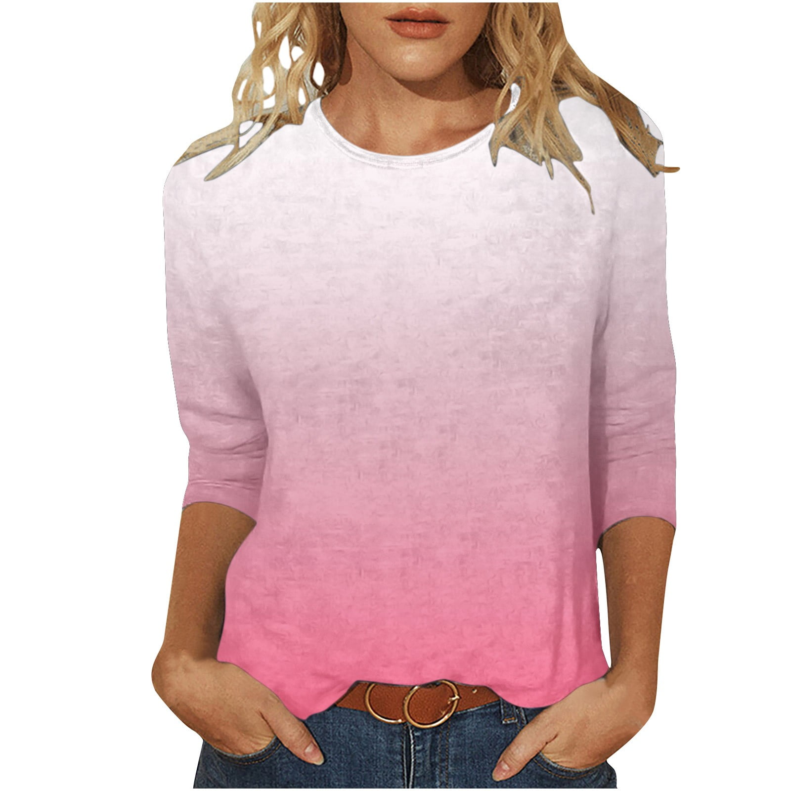 Women Gradient Printed T-Shirts Tops 2024 Summer 3/4 Sleeve Crew Neck Tops Dressy Casual Fashion Tshirts Trendy Loose Fit Tee Shirt Blouse