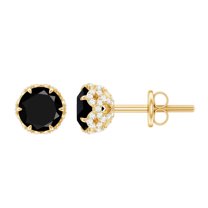 Rosec Jewels Black Onyx Solitaire Earrings with Diamond - Minimal Stud Earrings (AAA Grade), 10K Yellow Gold
