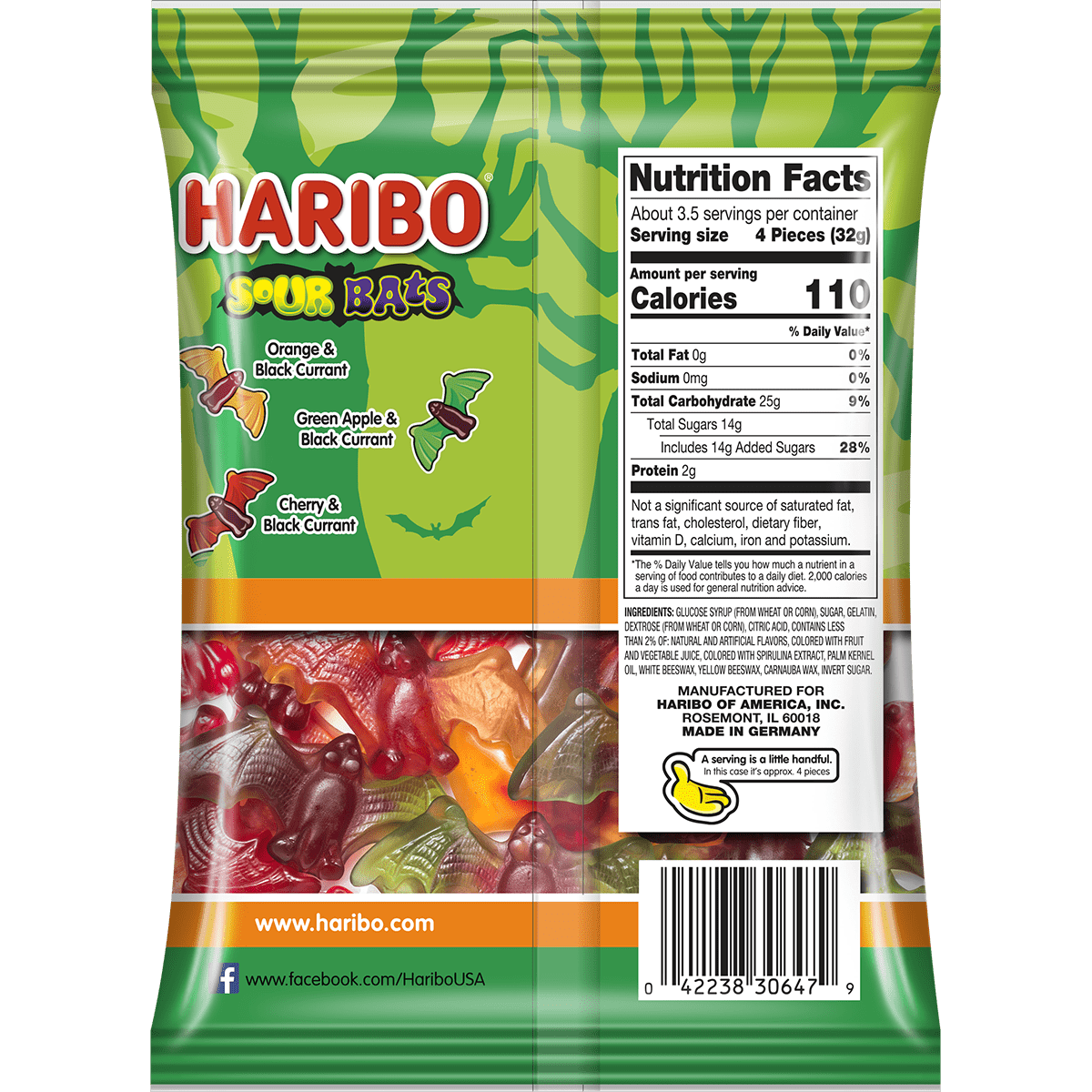 HARIBO Sour Bats Halloween Edition Gummies Bat Shaped Sour Gummy Candy, 4oz, Share Size Peg Bag