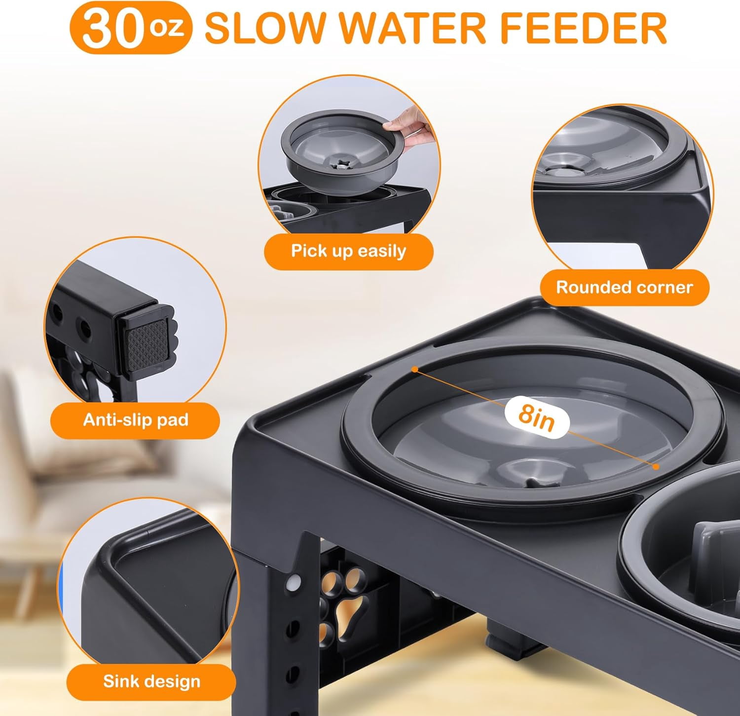 Elevated Dog Bowls, Raised Slow Feeder Dog Bowls with No Spill Dog Water Bowl Dispenser, 5 Heights Adjustable Raised Dog Bowls