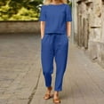 thumbnail image 3 of Lovskoo 2 Piece Outfits for Women Summer Cotton Linen Casual Matching Set Short Sleeve T Shirts And Loose Pants with Pockets Blue, 3 of 5