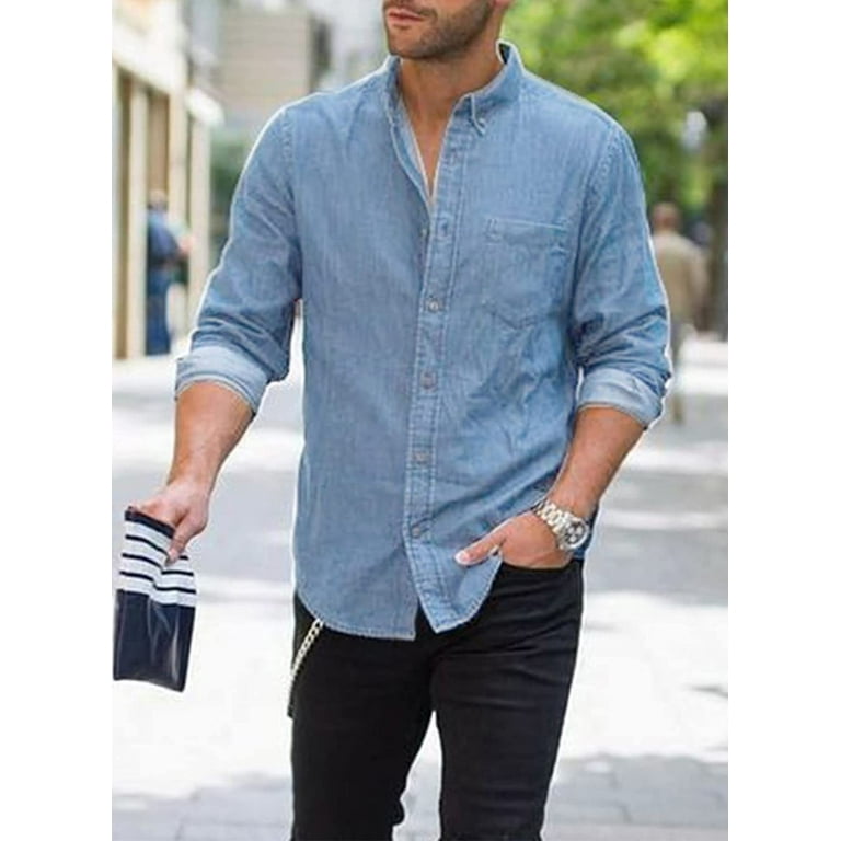 QWZNDZGR Mens Regular Fit Long Sleeve Denim Shirt Button Down Henley Chambray Shirt