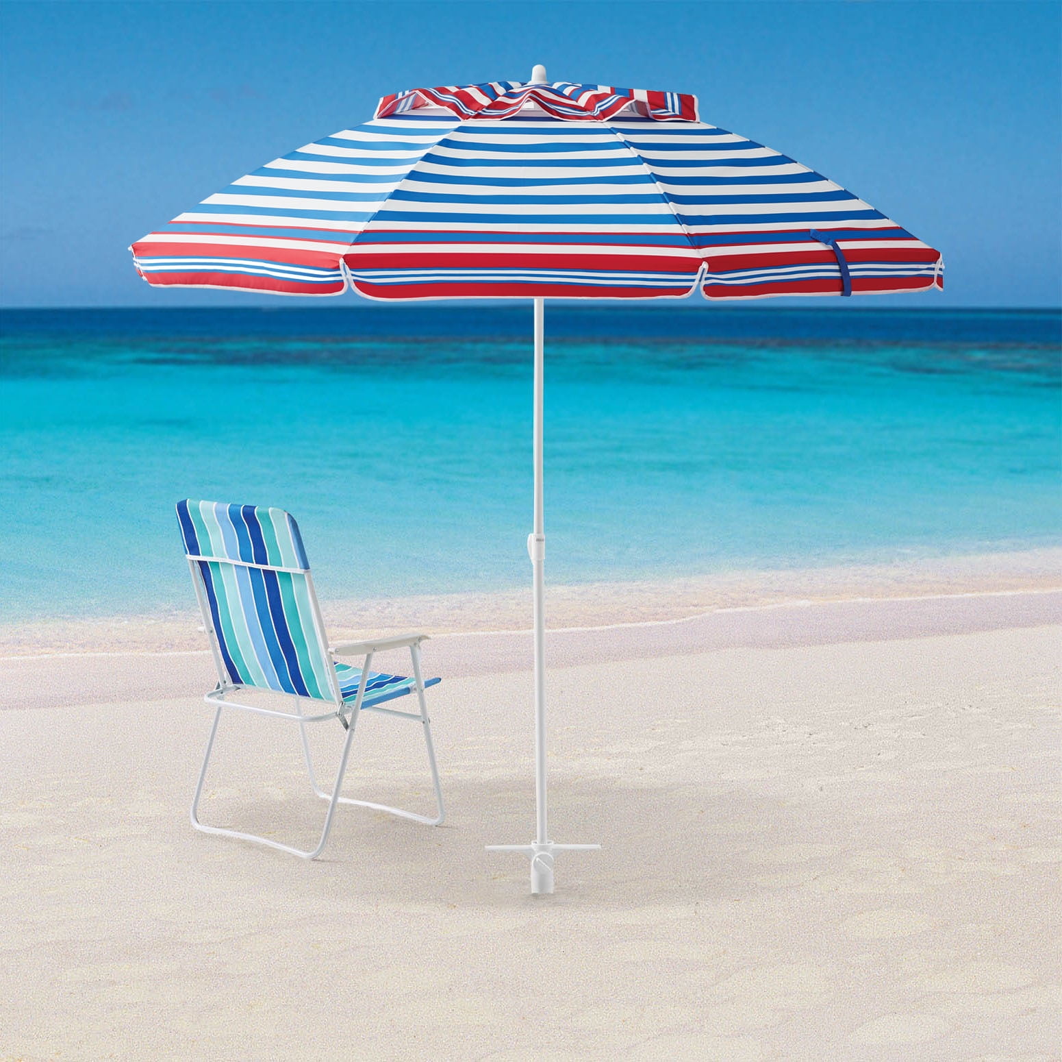 Mainstays 6.5' Red Blue White Stripe Octagon Beach Umbrella, Tilt