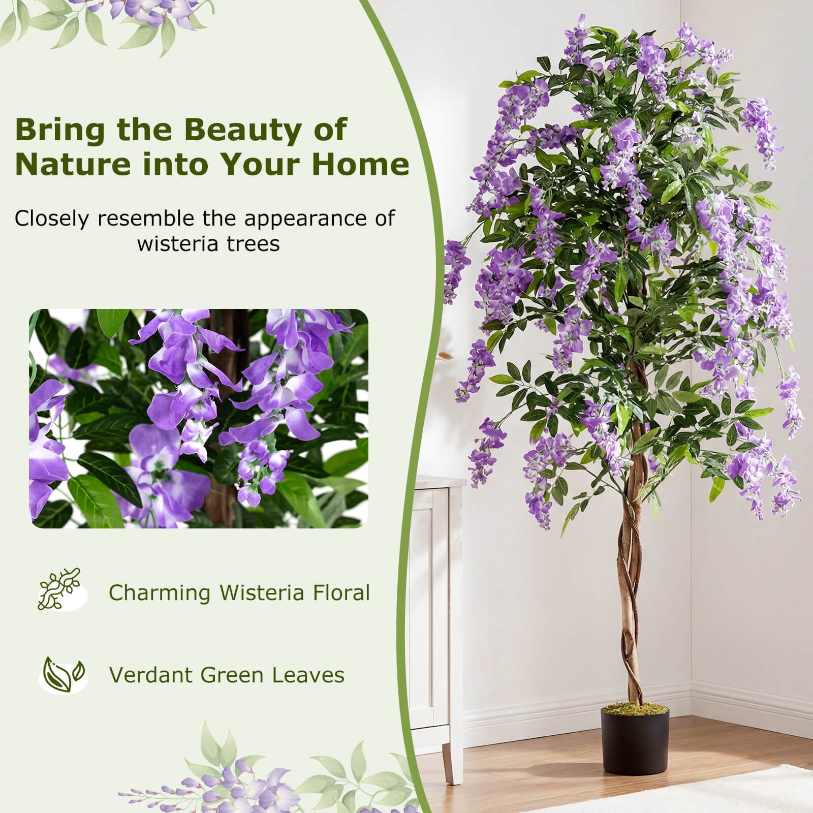 Costway 6 FT Artificial Wisteria Tree Set of 1 with Natural Trunks Purple Lifelike Flowers for Porch