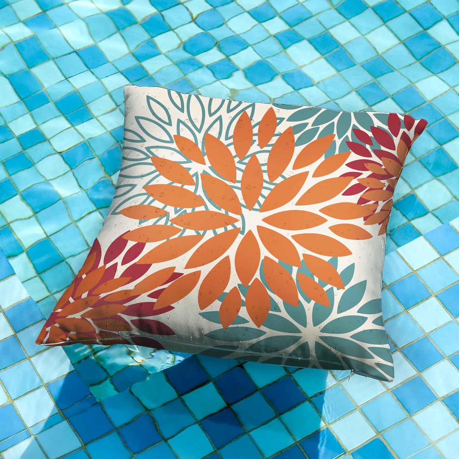 Orange Teal Red Flower Pillow Covers 22x22 Inch Set of 2 Fall Throw Pillows Outdoor Waterproof Decor for Living Room Sofa Patio Funiture Garden Floral Polyester Pillow Covers 002Y22