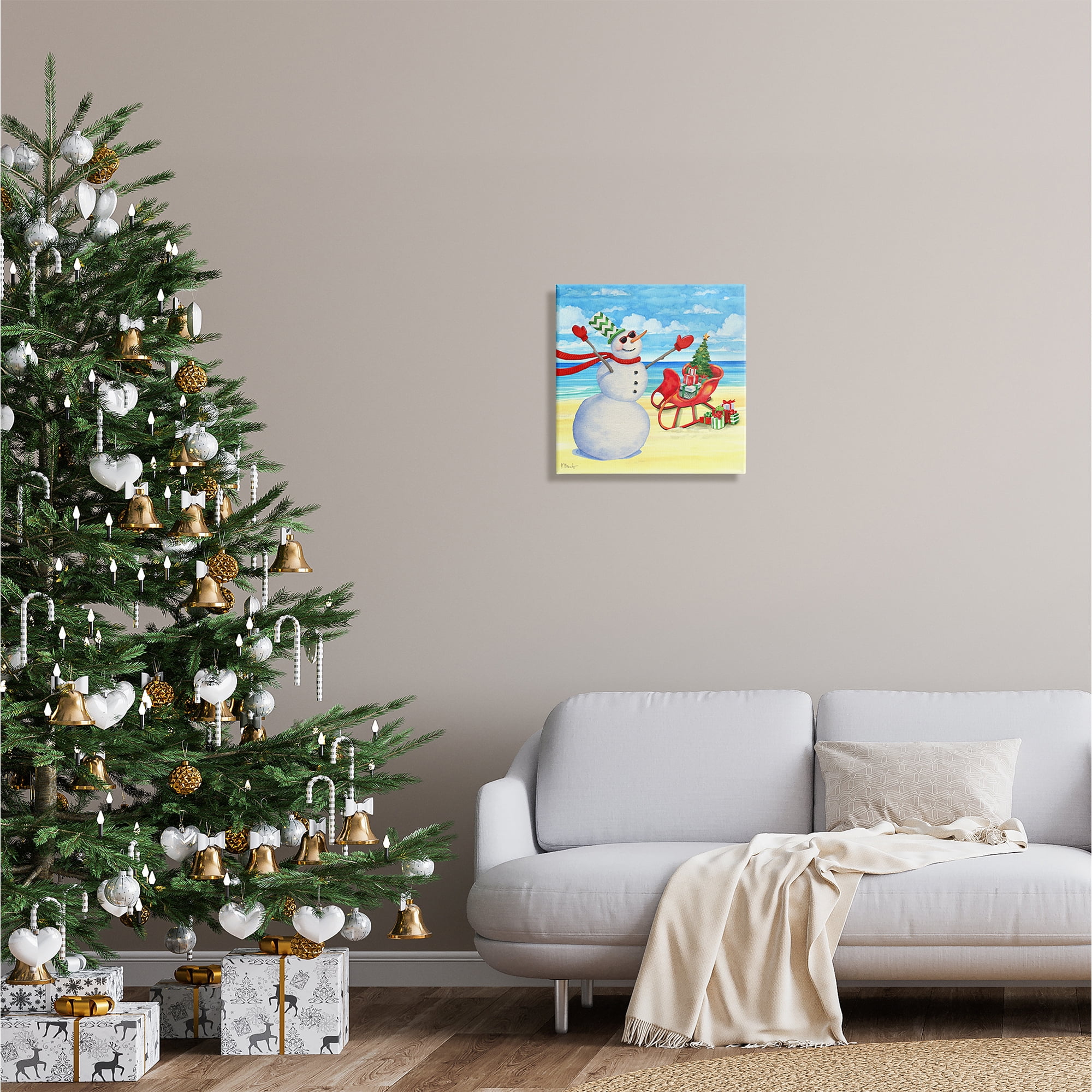 Stupell Industries Snowman on Beach Scene Holiday Painting Gallery Wrapped Canvas Print Wall Art, 17 x 17