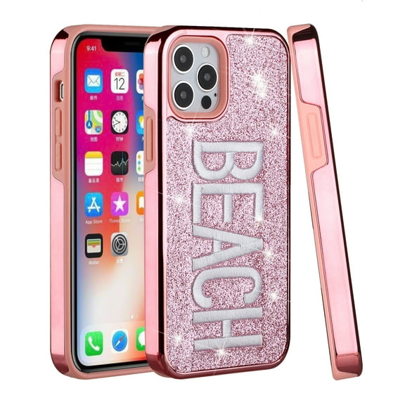 For Apple iPhone 13 Pro (6.1") Luxury Bling Glitter Shiny Chrome with Embroidery Hybrid Hard PC Frame Pink Cover ,Xpm Phone Case [ BEACH ]