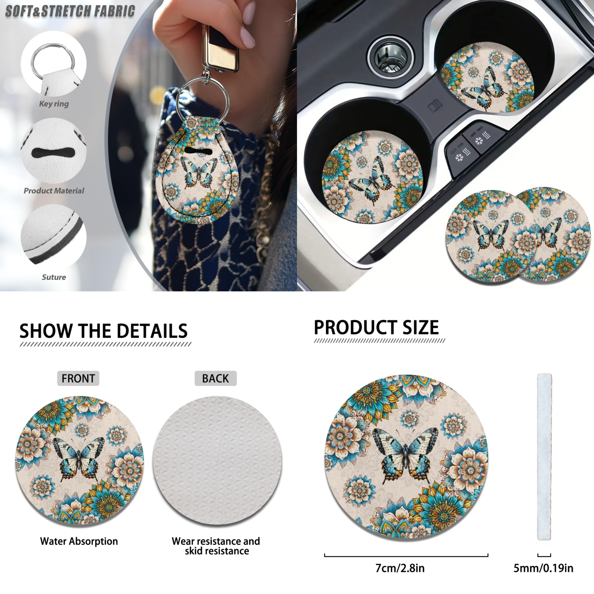 Jeiento Butterfly Car Seat Cover Full Set Car Floor Mats Steering Wheel Cover Seatbelt Pad Armrest Cover Cup Coaster Keychains Boho Flower Universal Auto Interior Accessories Set 17 Pack