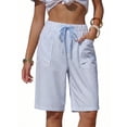 thumbnail image 3 of Dwellite Women's Striped Bermuda Shorts Casual Drawstring Elastic Waist Summer Vacation Beach Shorts with Pockets Sky Blue L, 3 of 5