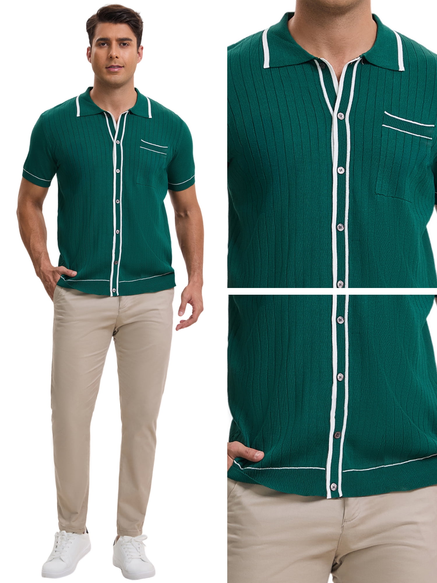 DARING DIVA Men's Knit Button Down Casual Vintage Short Sleeve Polo Shirt XL Green
