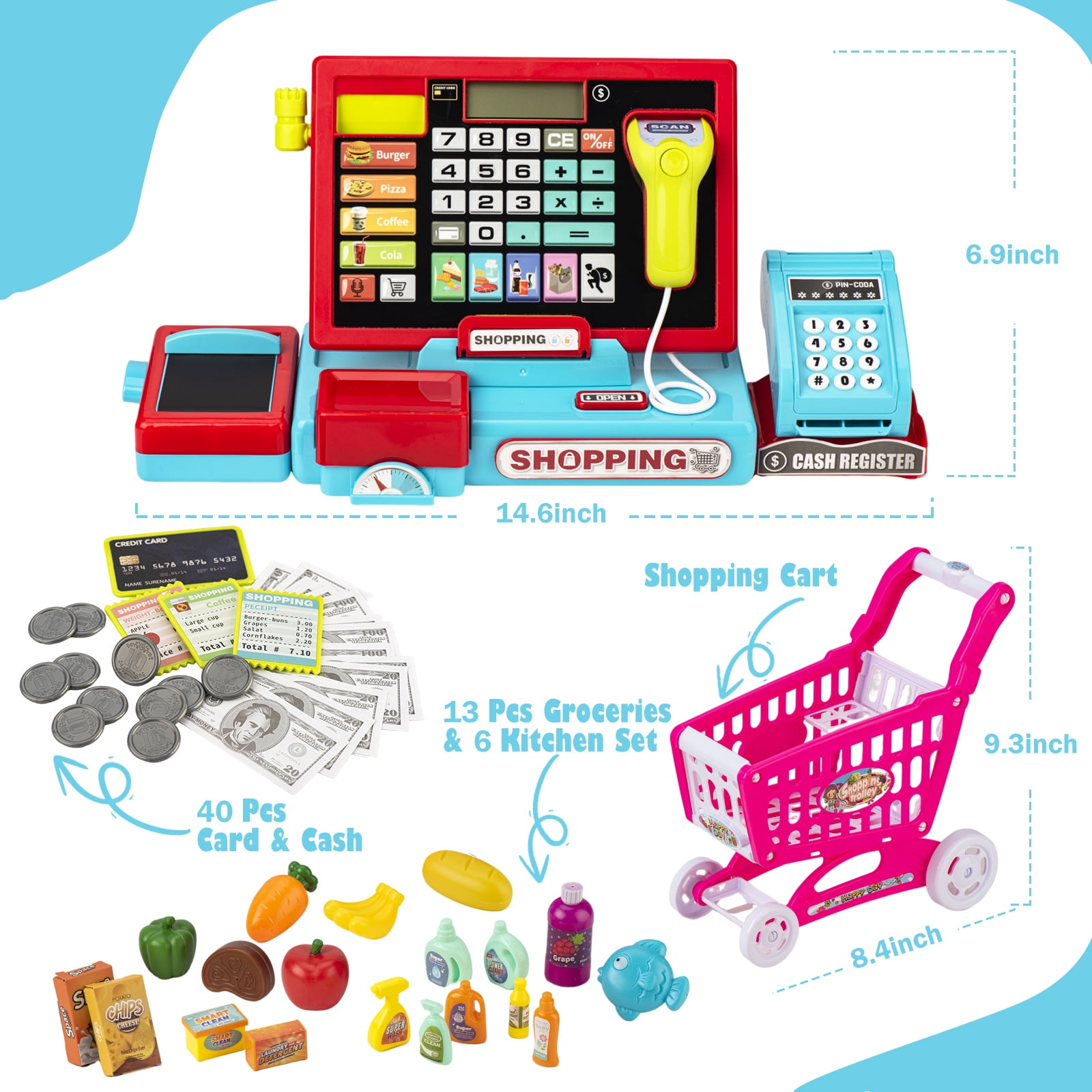 Interactive Kids Cash Register with Real Calculator & Scanner | Pretend Play Store with Music, Food & Shopping Cart | Educational Toy Gift for Ages 3-8 (Red & Blue)