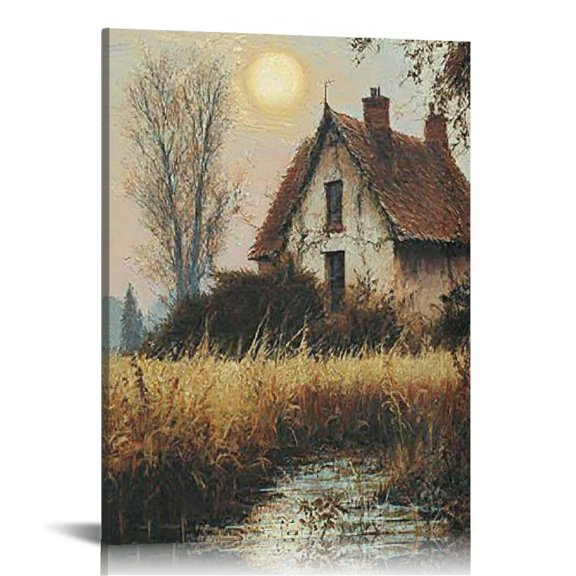 LHONGY Rustic Farmhouse Wall Art Decor - Large Rolled Canvas - Boho Art Deco Landscape Picture for Bathroom - Autumn Fall Town Harvest Scenery - Vintage 12x16 in