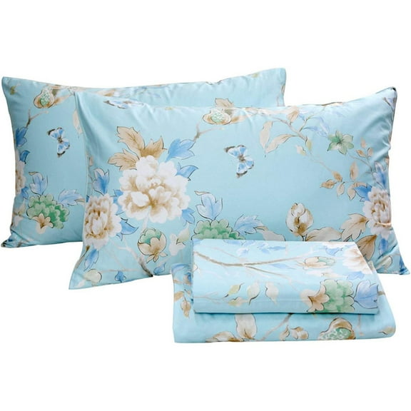 Floral Bedding Shabby Blue Bird Print Bed Sheet Set Luxury Bedding Collections 800 Thread Count 100% Egyptian Cotton Deep Pocket, 4 Piece-Queen Size