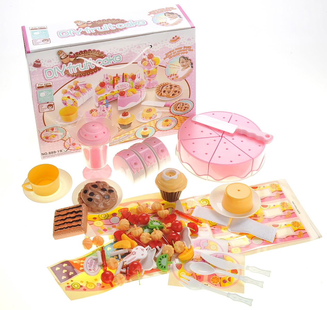 PlayWorld Sweet Treats Birthday Cake 75pcs Pretend Play Food Toy Set - Pink