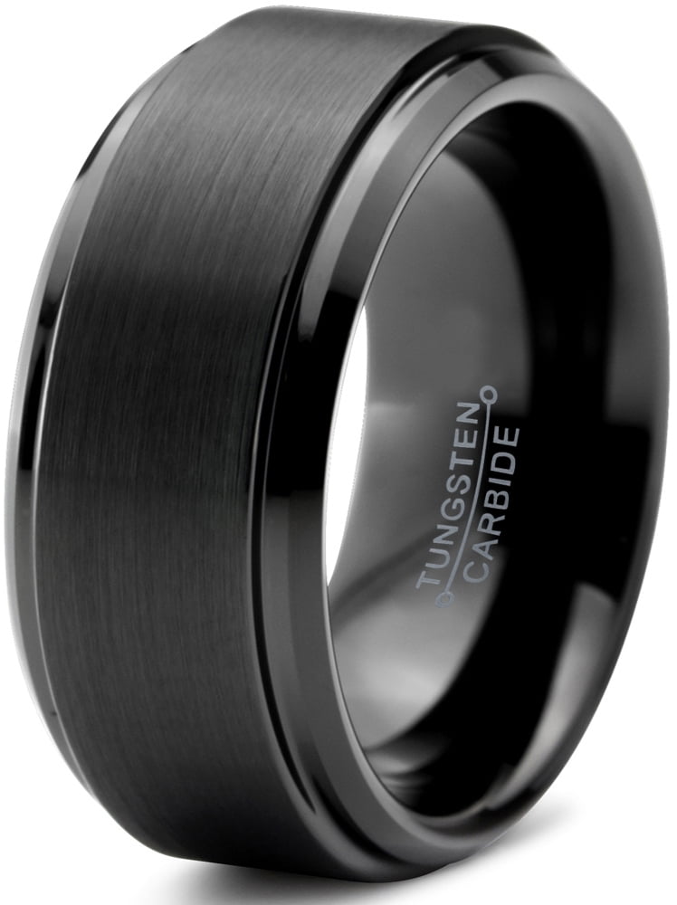 10mm Wide Men Black Tungsten Carbide Beveled Brushed Center Wedding Band Ring 