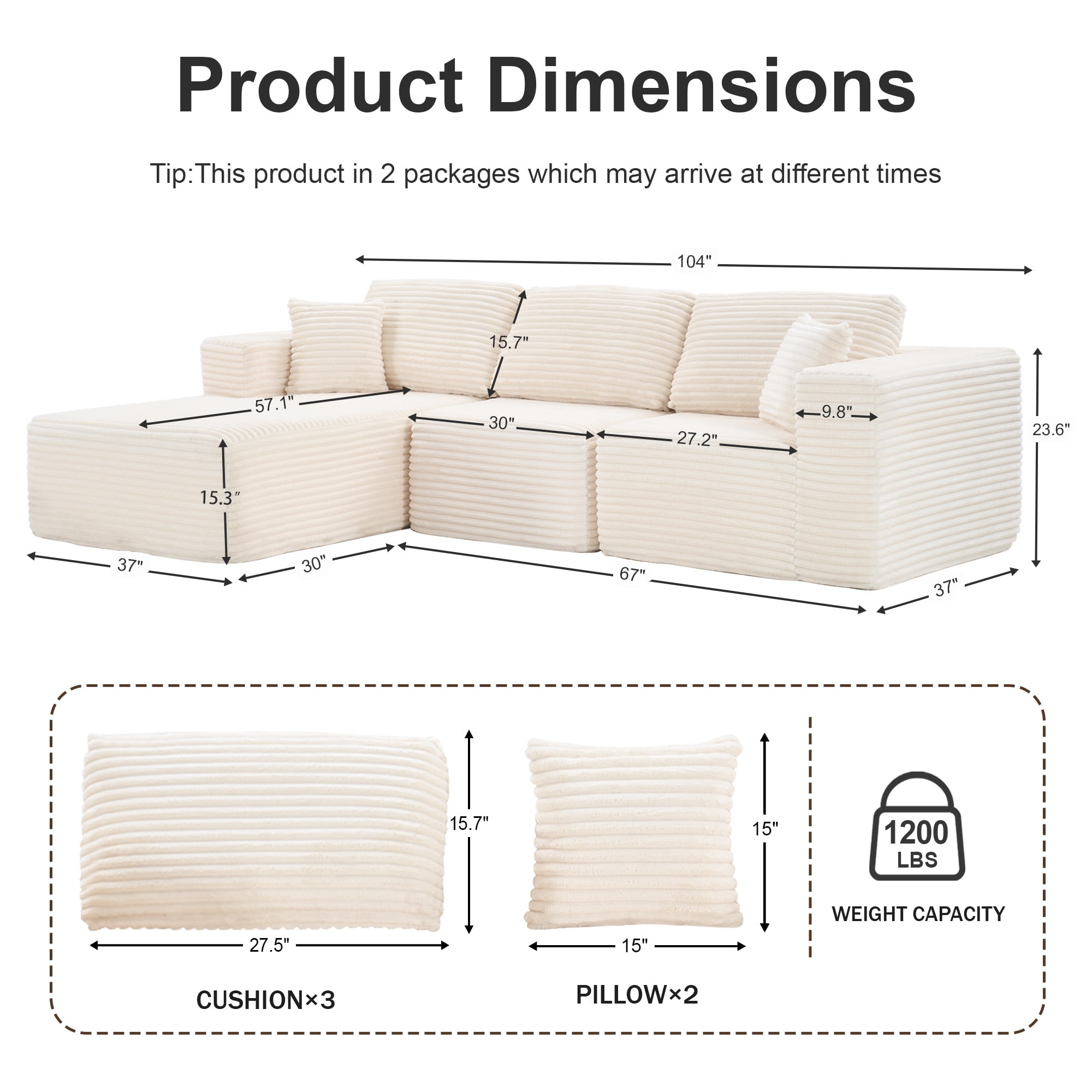 MAYEERTY 104 in Corduroy Modular Sofa, Compressed Boneless DIY Zero-Assembly Sofa, for Living Room & Small Apartment, Beige