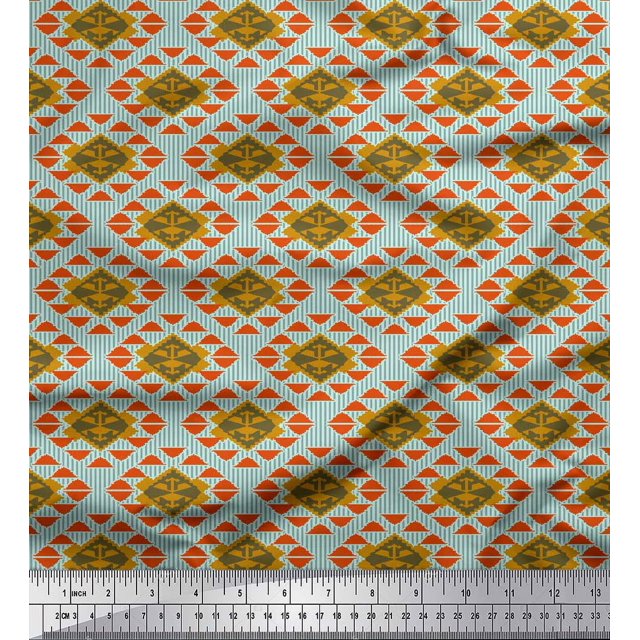 Soimoi Green Cotton Voile Fabric Stripe & Diamond Geometric Decor Fabric Printed Yard 56 Inch Wide