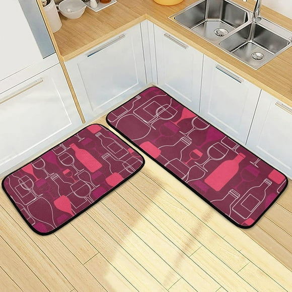SKYSONIC Wine Cups Silhouettes Kitchen Rugs Set of 2, Glass Bottle Pattern Floor Runner Area Rug Washable Carpet Mat Perfect for Living Room Bedroom Entryway