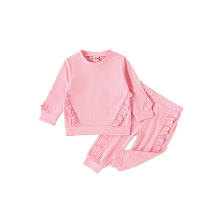 

Gwiyeopda Toddler Baby Girls Casual Outfit Sets Long Sleeve O Neck Tops + Solid Color Ruffle Pants