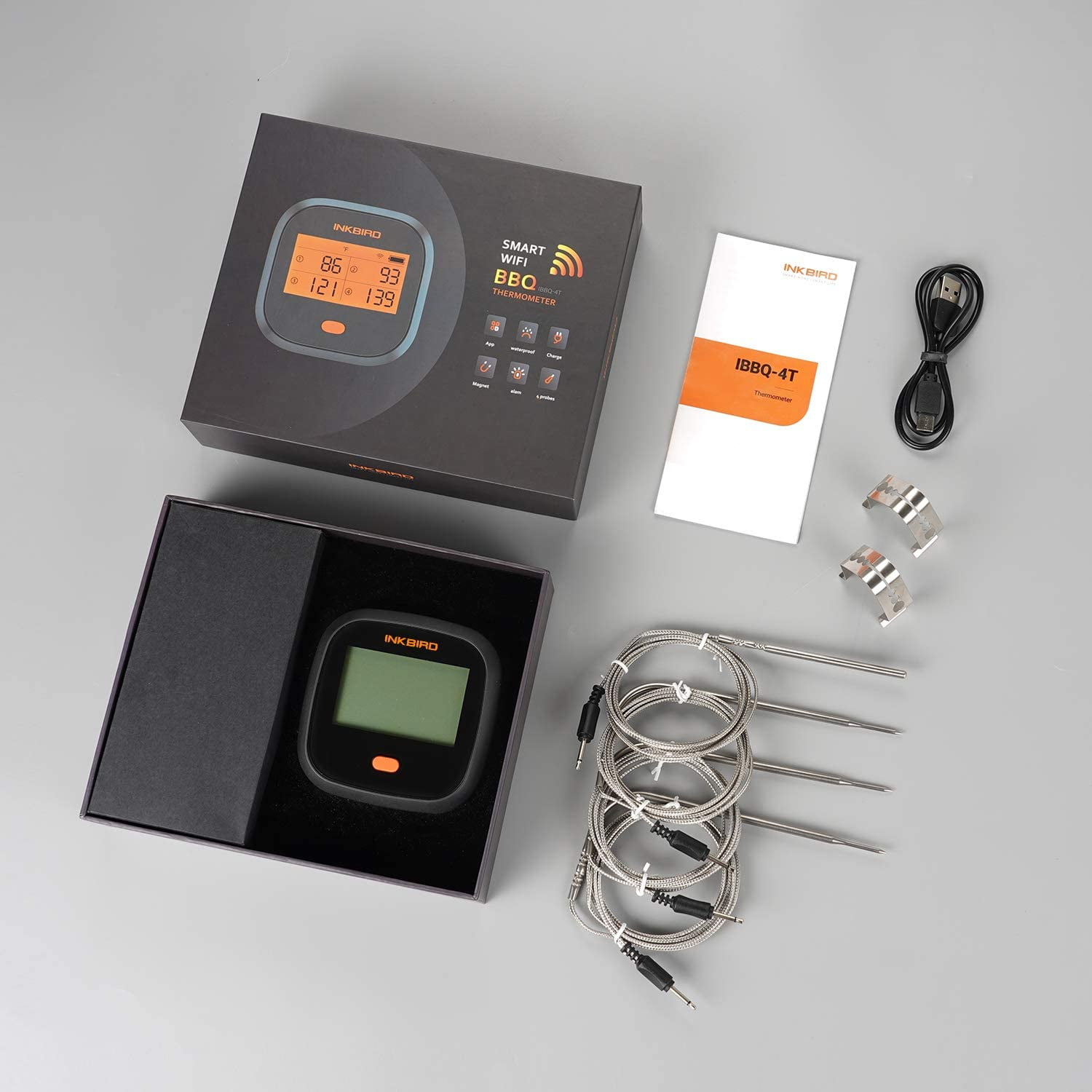 INKBIRD WiFi Meat Thermometer IBBQ-4T, Wireless WiFi BBQ Thermometer for Smoker, Oven | APP Calibration Temp Graph | Mobile Notification Timer Alarm | Rechargeable Digital Grill Thermometer, 4 Probes