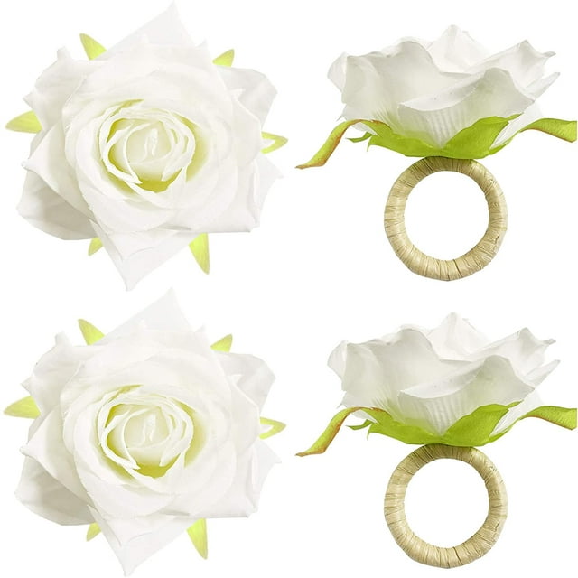Handicraft Flower Napkin Rings Set of 4, Crafts Vine Design Napkin Holder Rings Table Decorations for Wedding, Valentine's, Banquet, Christmas, Birthday, Thanksgiving, White