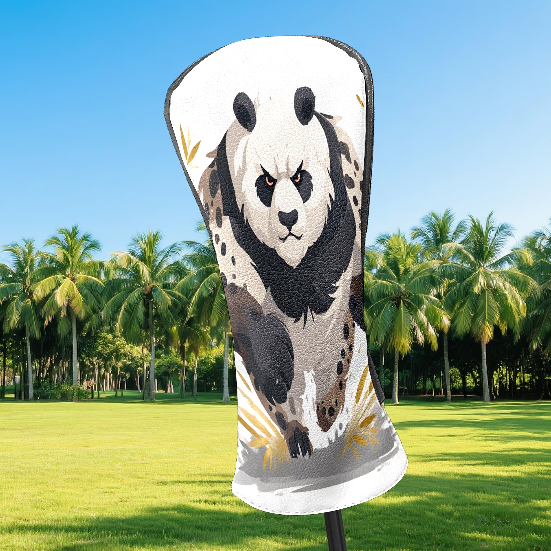 Club Head Covers - Panda Brown Design, Premium PU Leather Driver Hybrid Headcovers with Velvet Lining, Waterproof Golf Gifts for Men Women