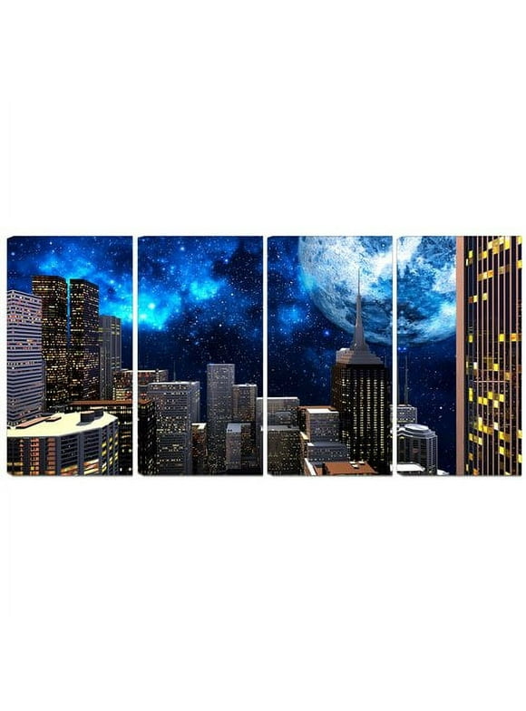 DESIGN ART Designart 'Abstract City at Night' Metal Wall Art 48 in. wide x 28 in. high - 4 panels