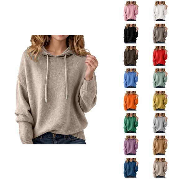 Women's Sweater Hoodie 2025 Fall Winter Long Sleeve Casual Knit Solid Color Hooded Sweatshirt Pullover Top