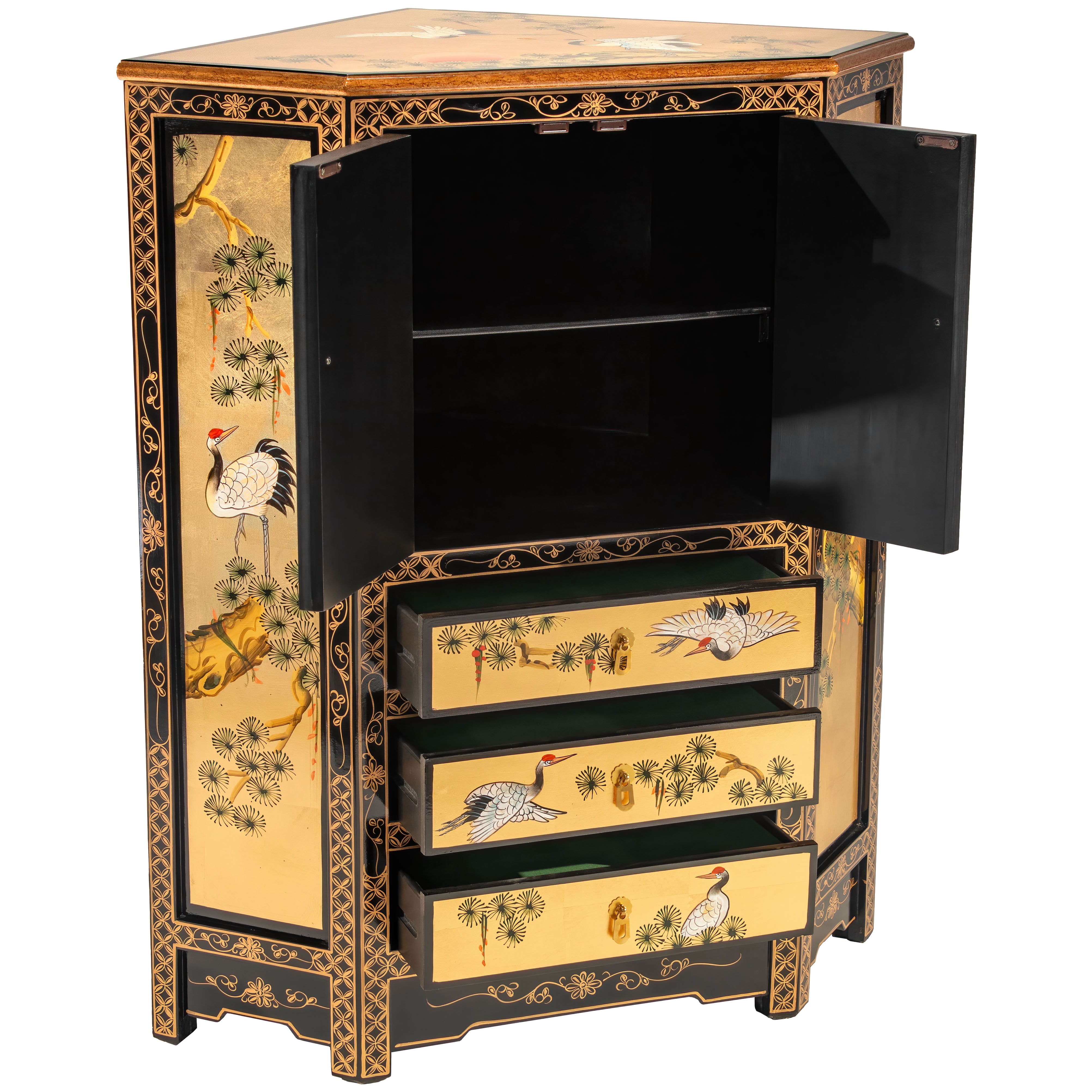 Oriental Furniture Gold Lacquer Corner Cabinet - Cranes