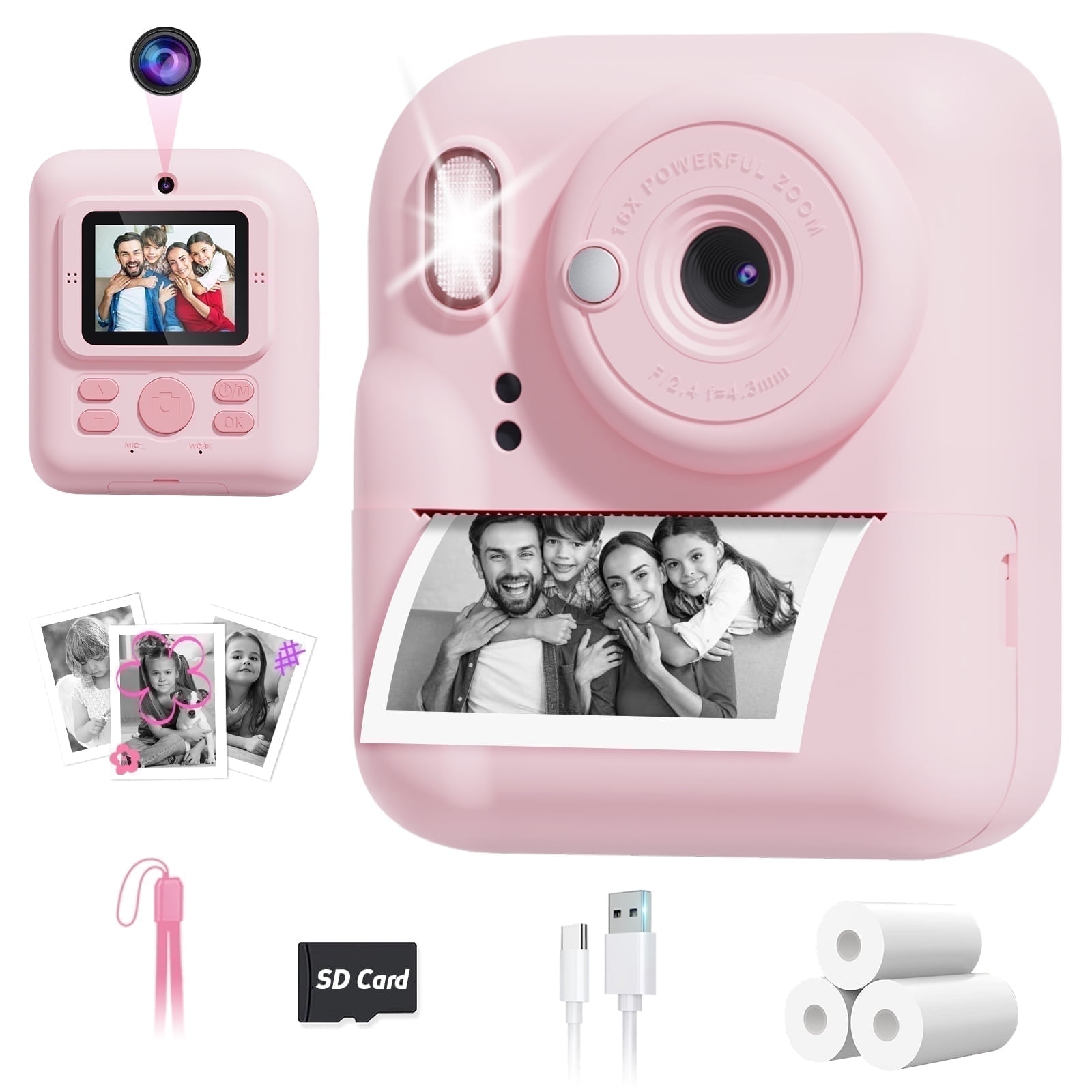 Seckton Dual-Lens Kids Instant Print Camera 1080P Pink photo 1