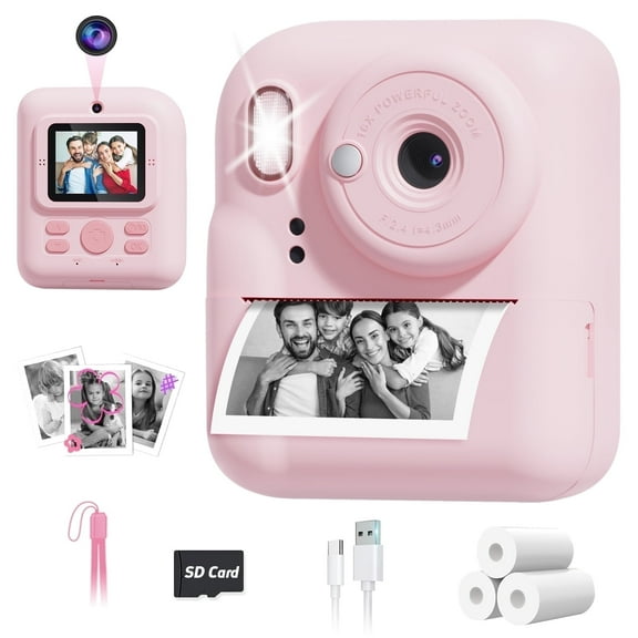 Seckton Dual-Lens Instant Print Camera for Kids, 1080P Digital Camera with 1300mAh Battery, Creative Birthday Gifts for Girls Age 3-12 Pink