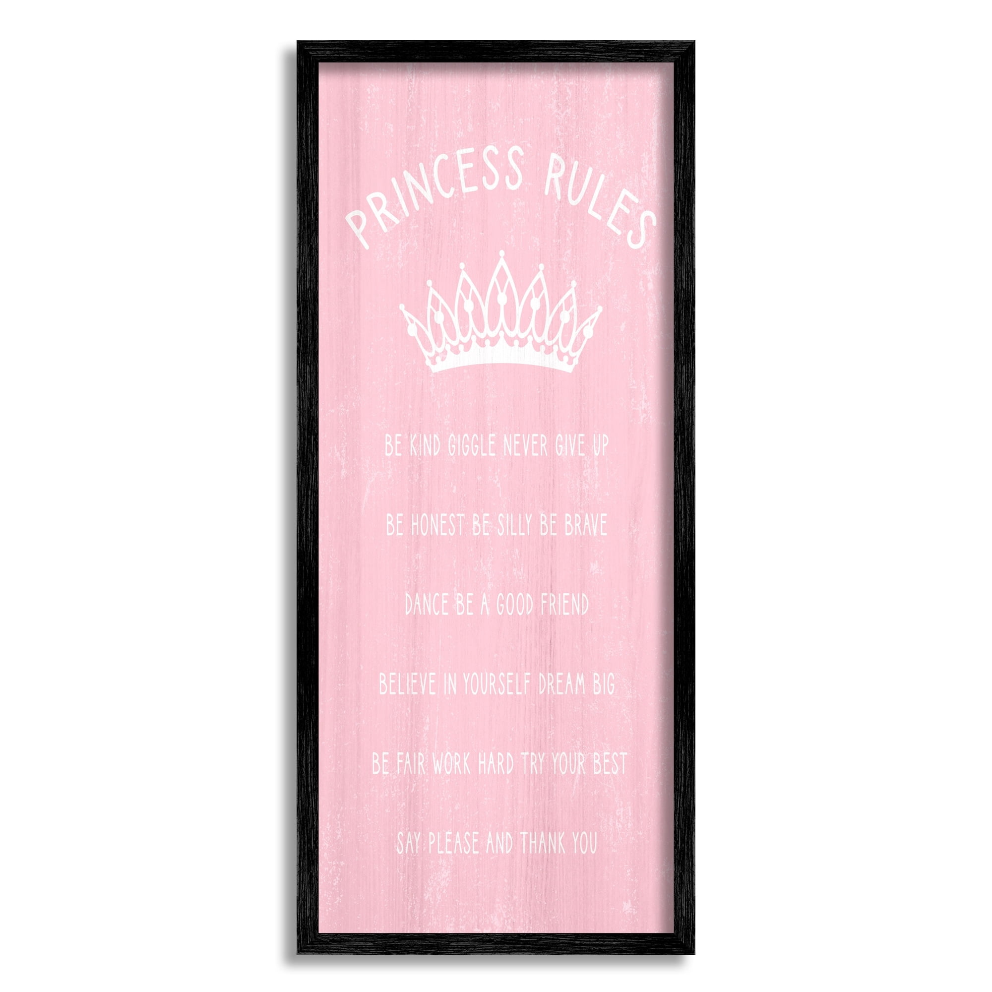 Stupell Industries Pink Princess Rules Sign Kids Motivational Phrases Listed Kids Painting Black Framed Art Print Wall Art, 13 x 30, Design by Daphne Polselli